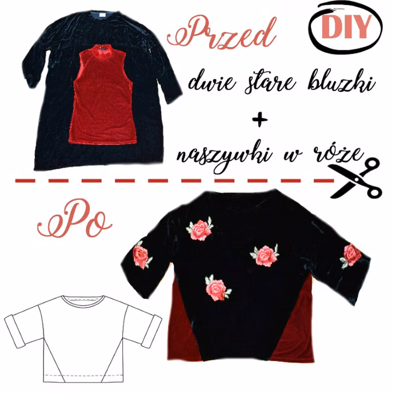 Recykling ubrań, bluza z dwóch innych bluzek.