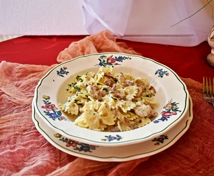 Farfalle w sosie kurkowym ze schabem