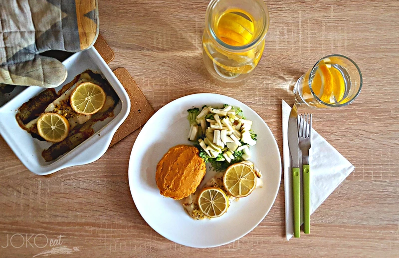 HALIBUT Z PUREE Z BATATA I GRUSZKI