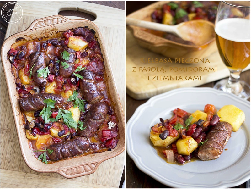 Kiełbasa pieczona z fasolą, pomidorami i ziemniakami