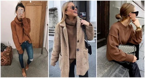 Modne stylizacje z brązowym swetrem
