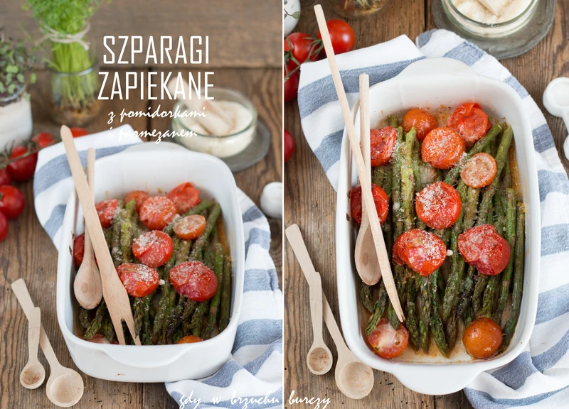 Szparagi zapiekane z pomidorkami koktajlowymi i parmezanem
