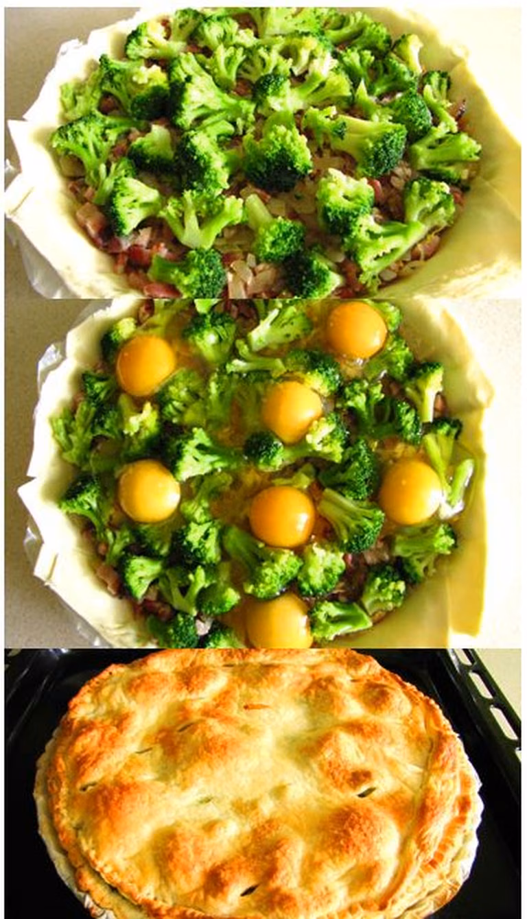 Tarta z ciasta francuskiego z boczkiem, brokułami i jajkiem