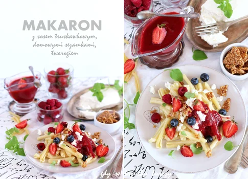 Makaron z sosem truskawkowym, twarogiem i karmelizowanym sezamem