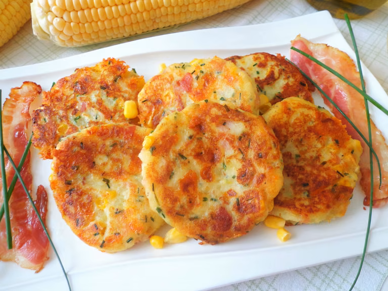 Placki ziemniaczane z bekonem, kukurydzą i serem cheddar
