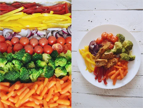 Pieczone warzywa z grillowanym kurczakiem