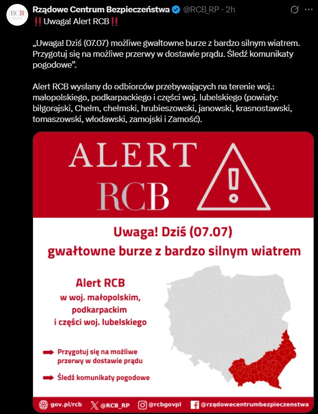 Zdjęcie Mieszkańcy tych rejonów Polski bardzo ważny SMS! RCB ostrzega i prosi o przygotowanie się #1