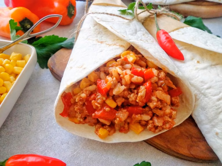 Burrito z ryżem i mięsem mielonym