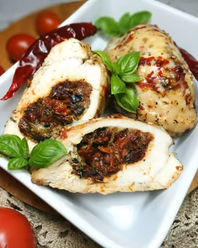 Roladki z kurczaka z farszem z suszonych pomidorów, oliwek i mozzarelli