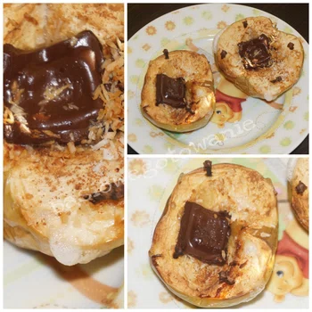 Jabłka zapiekane z gorzka czekolada i wiórkami kokosowymi.