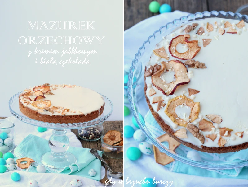 Mazurek orzechowy z kremem jabłkowym i polewą z białej czekolady