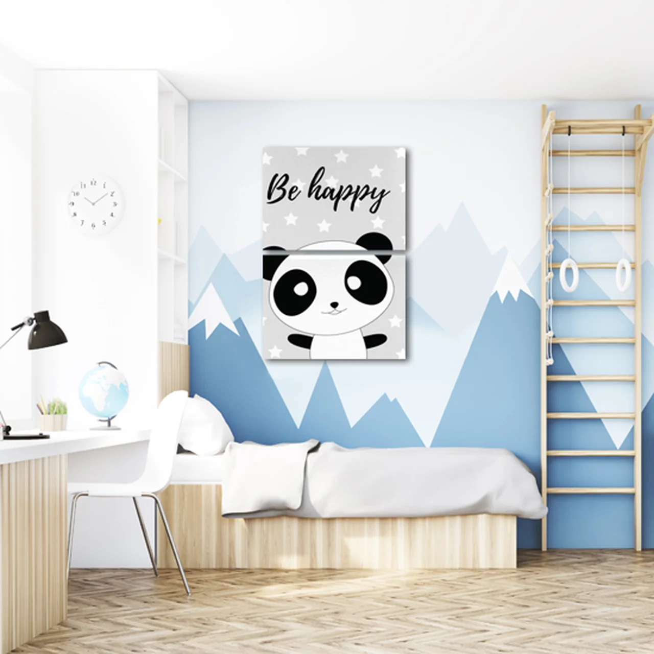 Uroczy obraz dla pokoju dziecięcego z motywem pandy i napisem be happy.