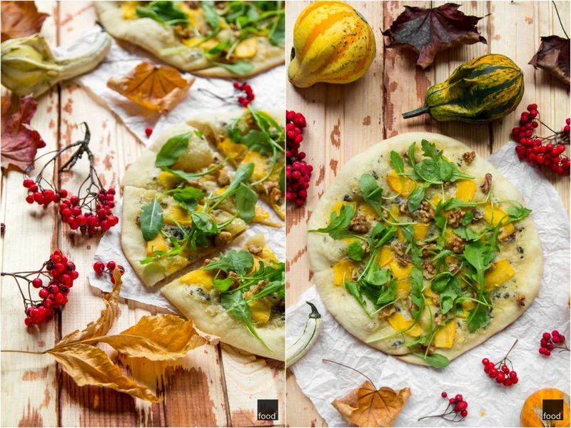 Pizza bianca z serem pleśniowym, dynią, rukolą i orzechami włoskimi