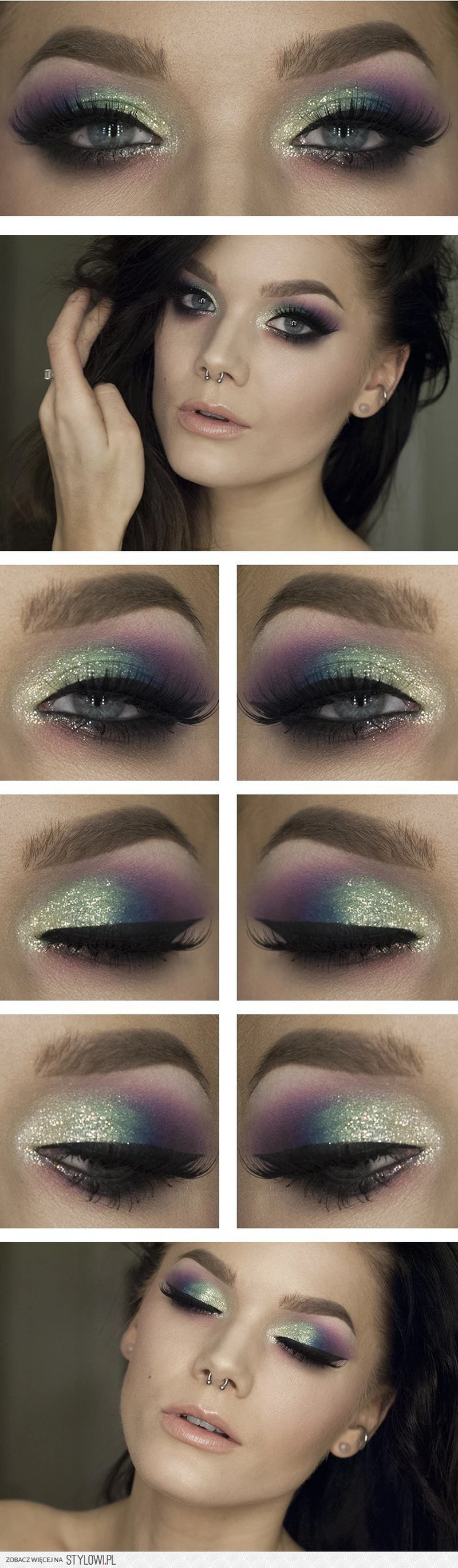 Kolorowy, mocno połyskujący make up