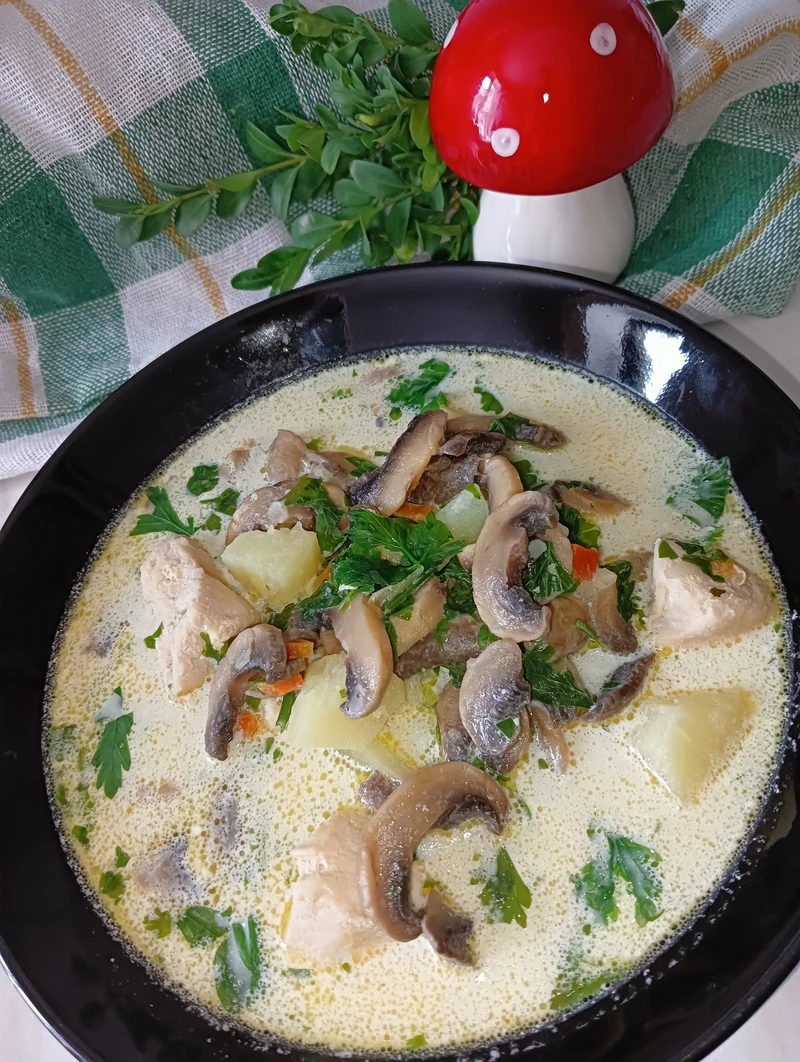 Zupa pieczarkowa z ziemniakami na mięsie gulaszowym drobiowym