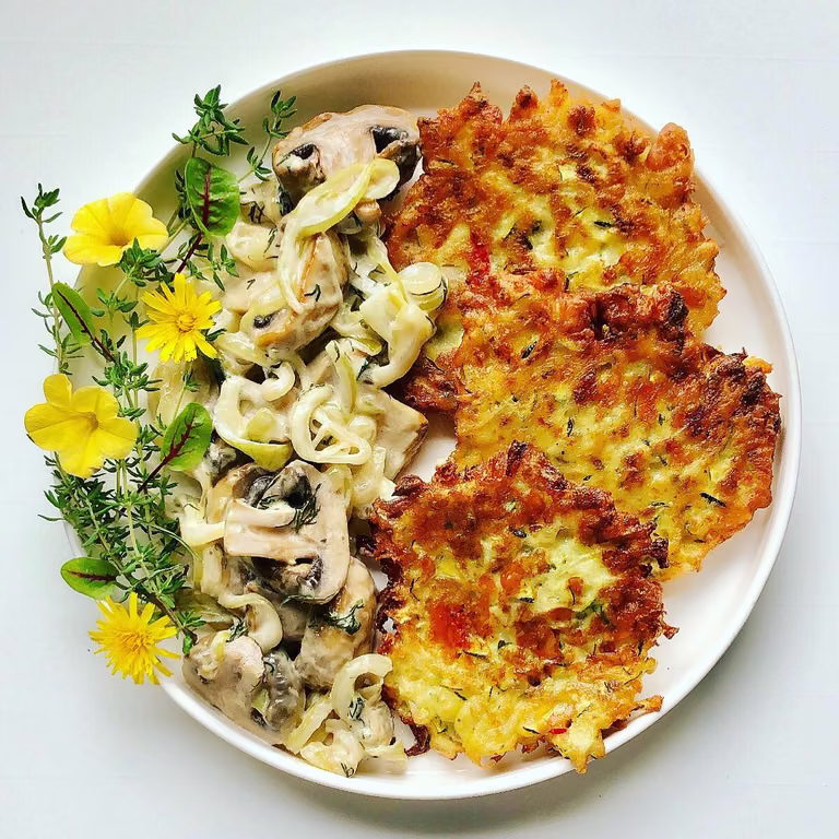 Placki z cukinii z serem cheddar i chili z dodatkiem pieczarek w śmietanie