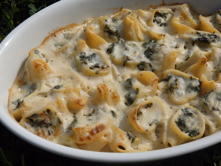 Lumaconi ze szpinakiem zapiekane pod beszamelem