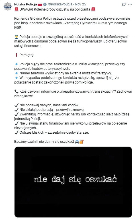 Zdjęcie Można dostać taki telefon lub wiadomość e-mail z "Policji"! Jest oficjalny komunikat "Zachowaj zimną krew" #1