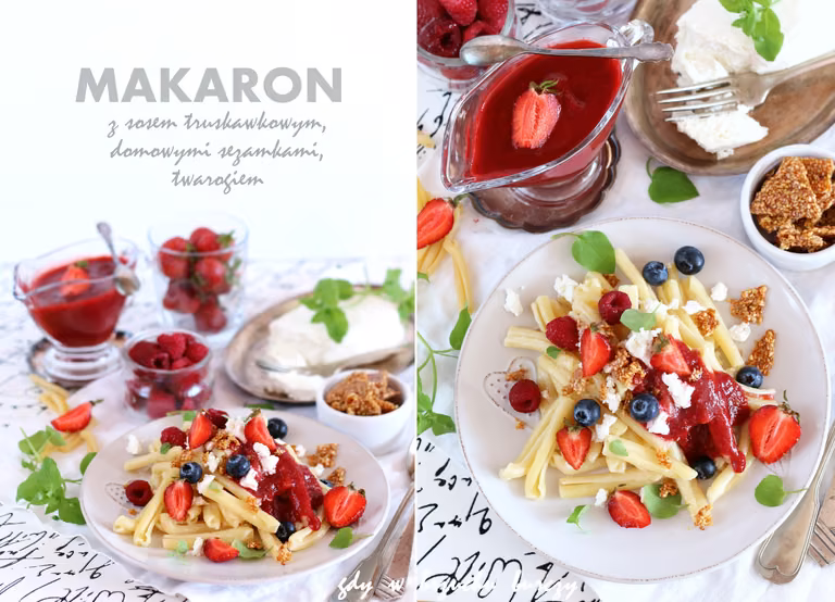 Makaron z sosem truskawkowym, twarogiem i karmelizowanym sezamem