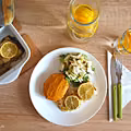 HALIBUT Z PUREE Z BATATA I GRUSZKI
