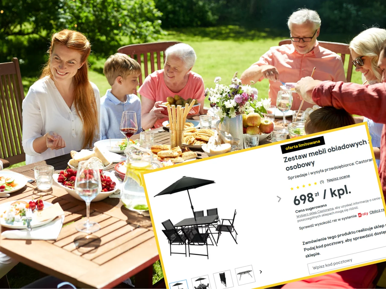 Duży stół, 6 krzeseł i parasol! Cena Castoramy za taki zestaw wymiata, a letni relaks w ogrodzie gwarantowany!