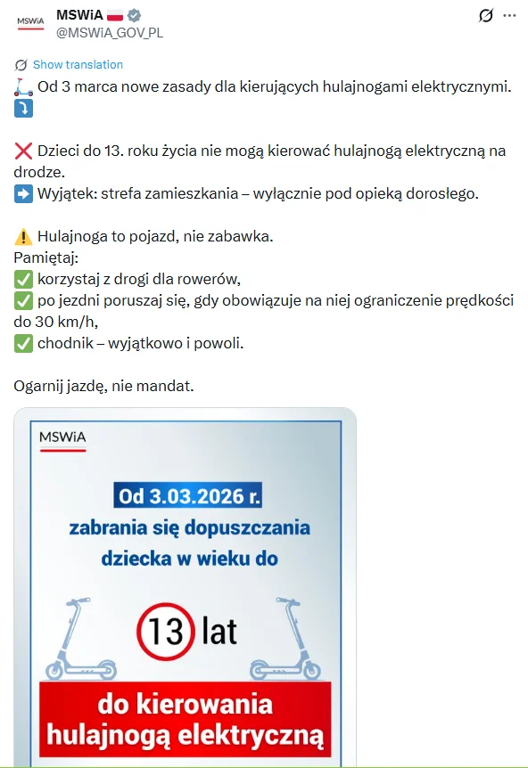 Zdjęcie PILNE: Nowy zasady jazdy na hulajnogach elektrycznych od 3 marca 2026! Obowiązuje nowy wiek minimalny #1