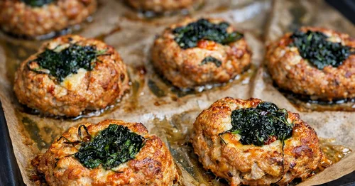 Gniazdka z mięsa mielonego ze szpinakiem i sosem pieczarkowym