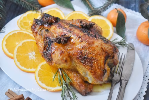 Perliczka pieczona w miodzie i soku pomarańczowym z mandarynkami