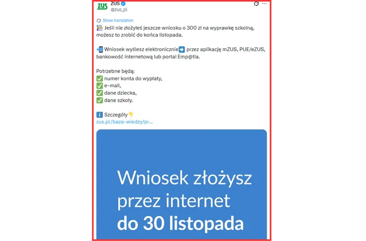 Zdjęcie 300 zł na dziecko w wieku od 7 do 24 lat! ZUS przypomina: To ostatnie 4 dni na wniosek o świadczenie! #1