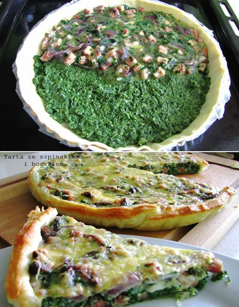 Tarta z ciasta francuskiego ze szpinakiem i boczkiem