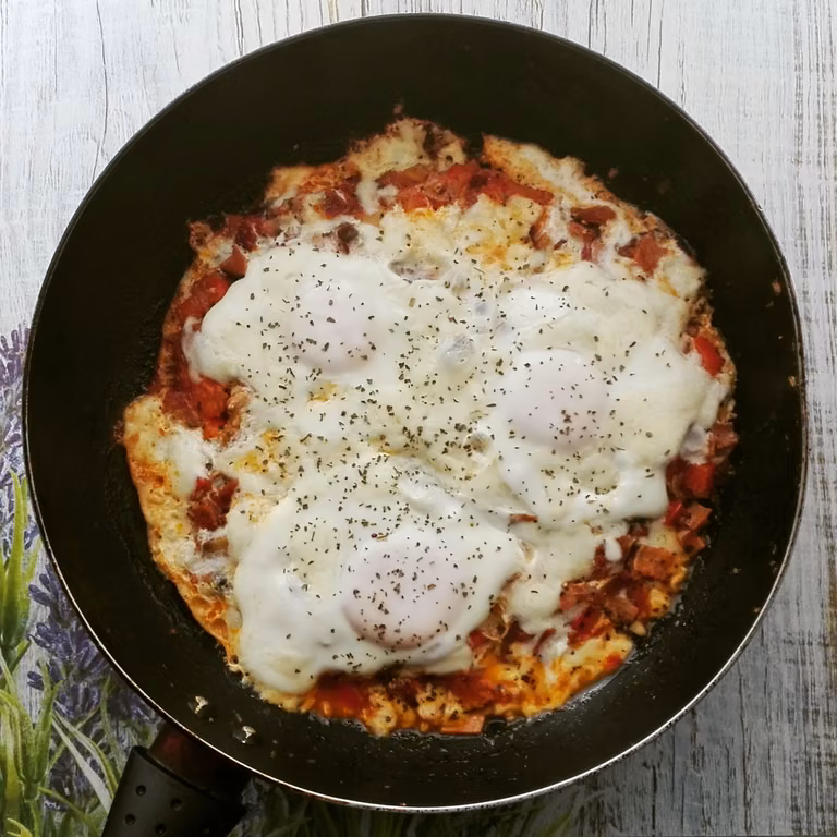 Shakshuka paprykowo-pomidorowa z mozzarellą i szynką