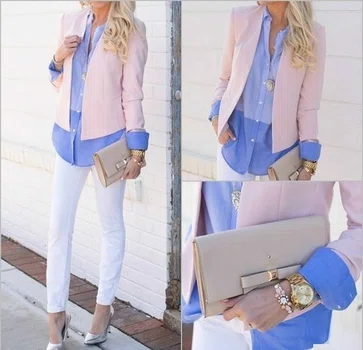 Niebieska koszula, marynarka i białe rurki- ślicznie