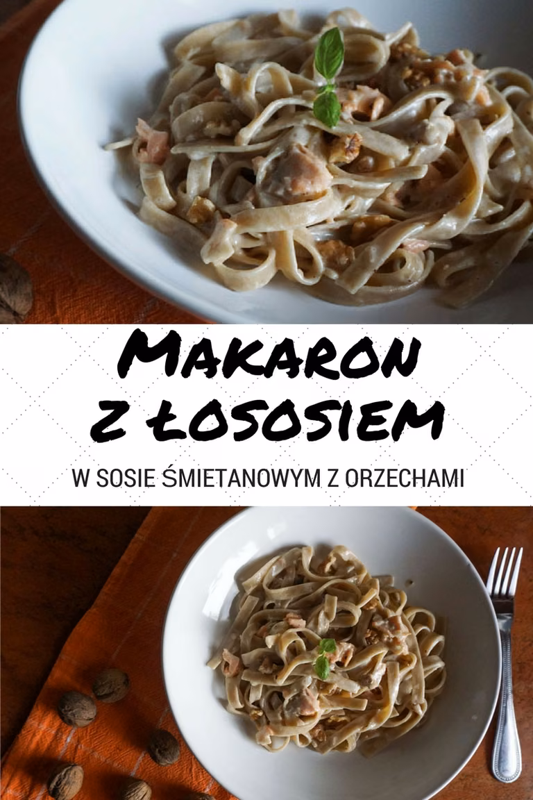 Przepis na makaron z łososiem w sosie śmietanowym z orzechami