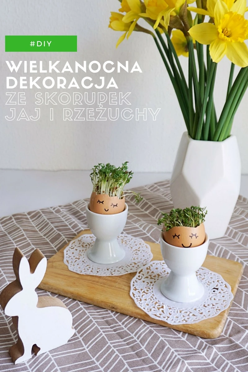 DIY Wielkanocna dekoracja ze skorupek jaj i rzeżuchy