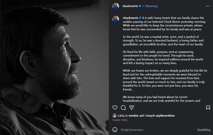 Zdjęcie Nie żyje Chuck Norris. Legenda kina akcji miała 86 lat! #1