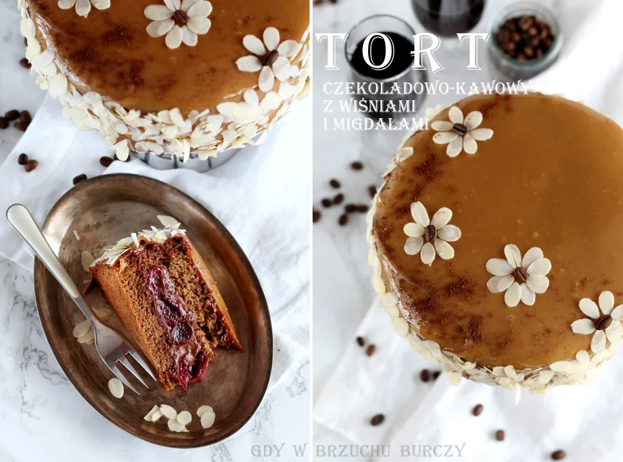 Tort czekoladowo-kawowy z wiśniami i polewą mirror glaze