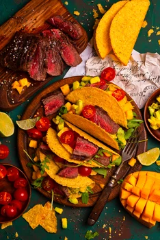 Tacos z wołowiną i salsą z awokado i mango