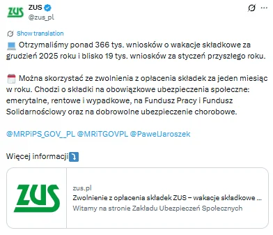 Zdjęcie 2 miesiące bez płacenia składek do ZUS! Ruszył nabór wniosków o wakacje składkowe 2026 #1