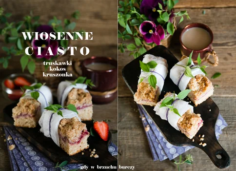 Wiosenne ciasto kokosowo-truskawkowe z kruszonką