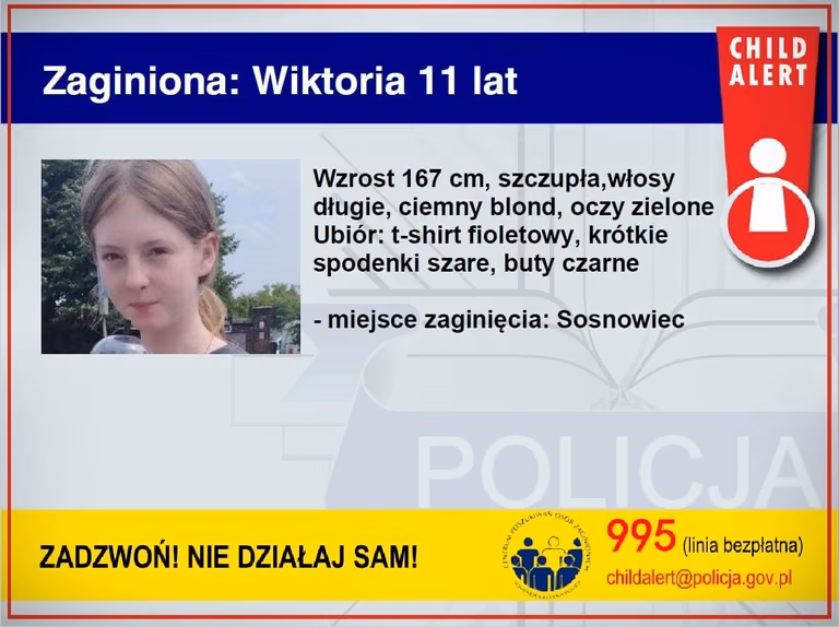 Alarm CHILD ALERT uruchomiony: Zaginęła Wiktoria z Sosnowca. [AKTUALUZACJA 07.08.2023]
