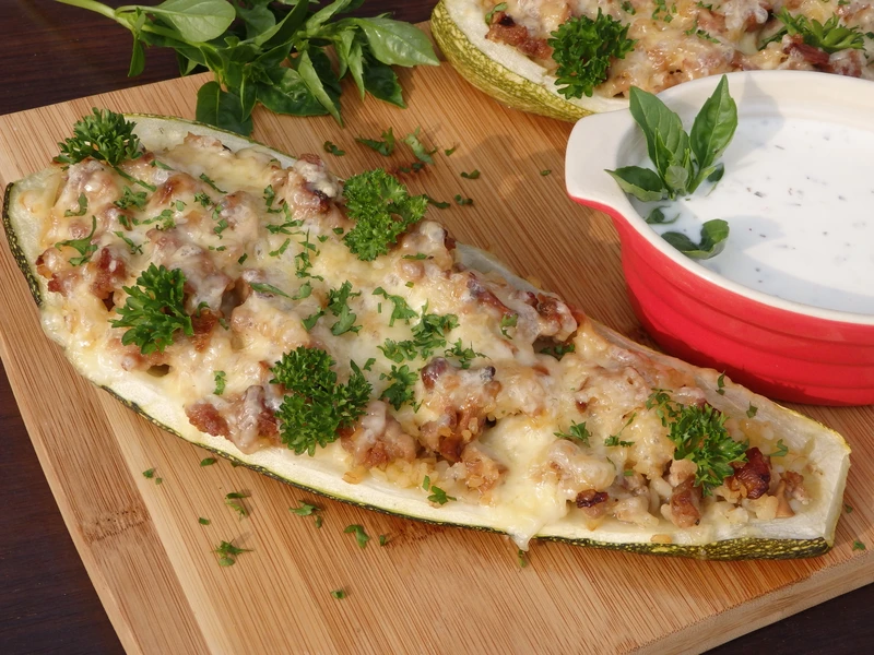 Cukinia faszerowana mięsem, kaszą bulgur i kurkami
