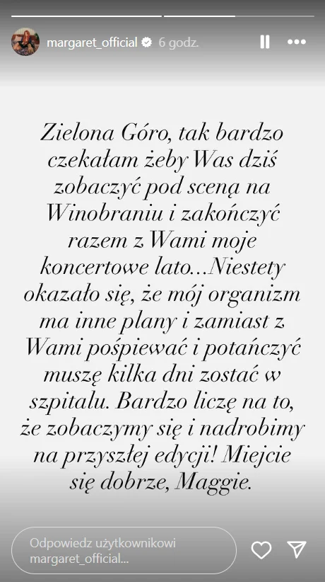 Zdjęcie Margaret nie wystąpi dziś w Zielonej Górze. Wokalistka trafiła do szpitala tuż przed koncertem! #2
