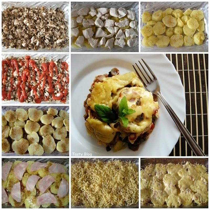 Zapiekanka ziemniaczana z kurczakiem i pieczarkami