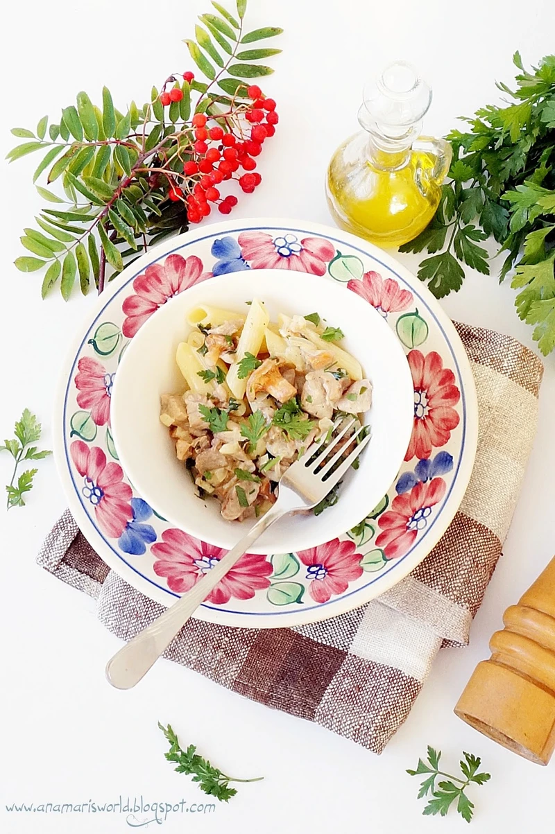 Penne z indykiem w sosie śmietanowym z kurkami (na winie)