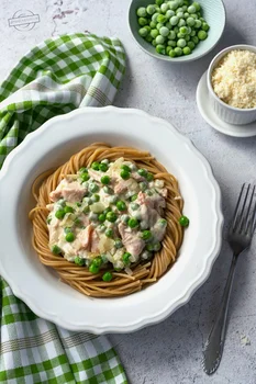 Spaghetti z zielonym groszkiem i wędzonym łososiem