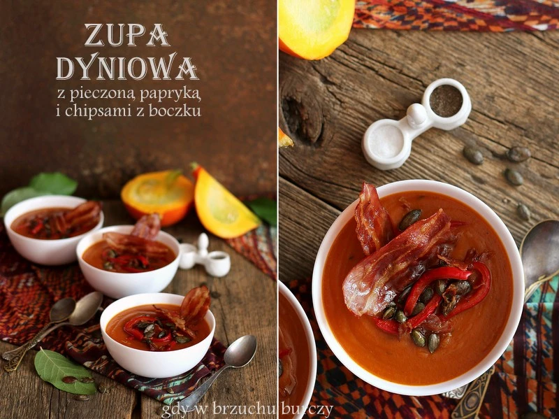 Zupa dyniowa z pieczona papryką i chipsami z boczku