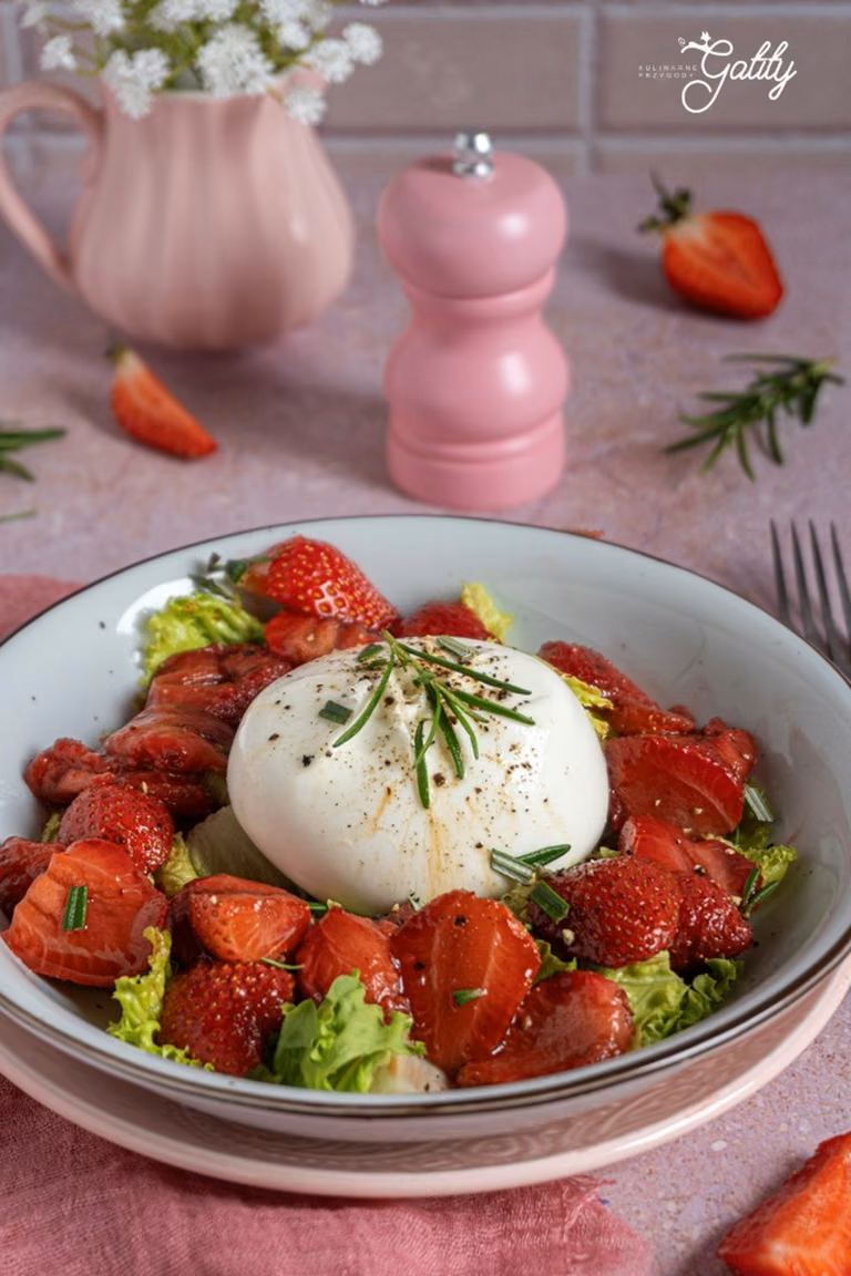 Burrata z karmelizowanymi truskawkami