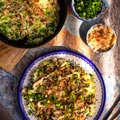 Okonomiyaki - japoński placek z kapusty z krewetkami