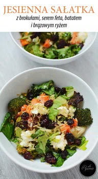 Jesienna sałatka z brokułami, serem feta, batatem i ryżem