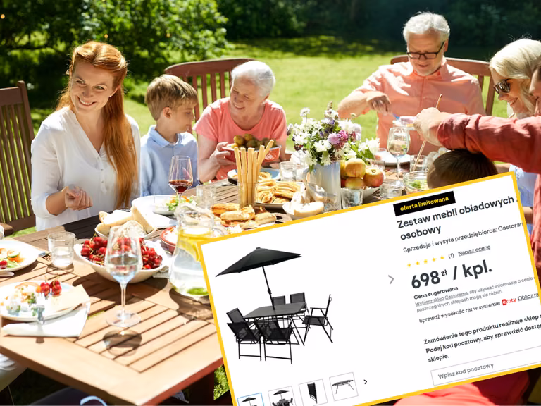 Duży stół, 6 krzeseł i parasol! Cena Castoramy za taki zestaw wymiata, a letni relaks w ogrodzie gwarantowany!